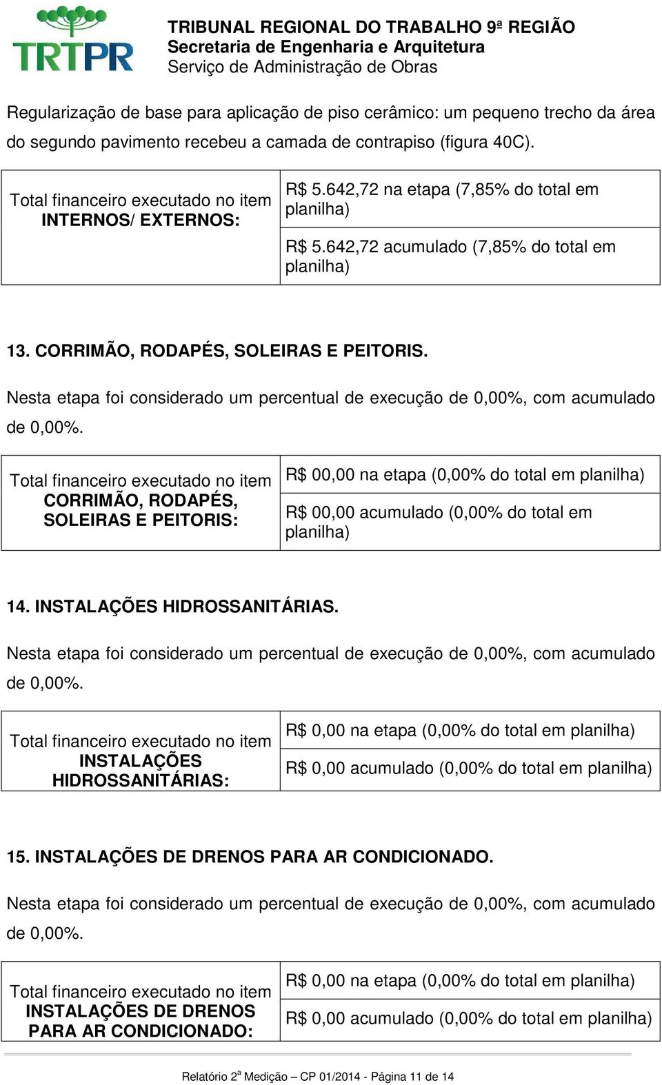 CORRIMÃO, RODAPÉS, SOLEIRAS E PEITORIS: R$ 00,00 na etapa (0,00% do total em 14. INSTALAÇÕES HIDROSSANITÁRIAS.