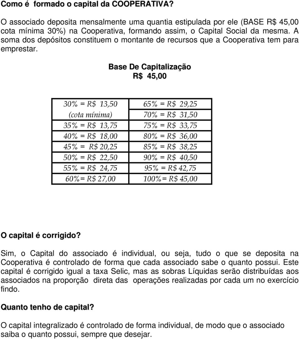 Base De Capitalização R$ 45,00 30% = R$ 13,50 65% = R$ 29,25 (cota mínima) 70% = R$ 31,50 35% = R$ 13,75 75% = R$ 33,75 40% = R$ 18,00 80% = R$ 36,00 45% = R$ 20,25 85% = R$ 38,25 50% = R$ 22,50 90%