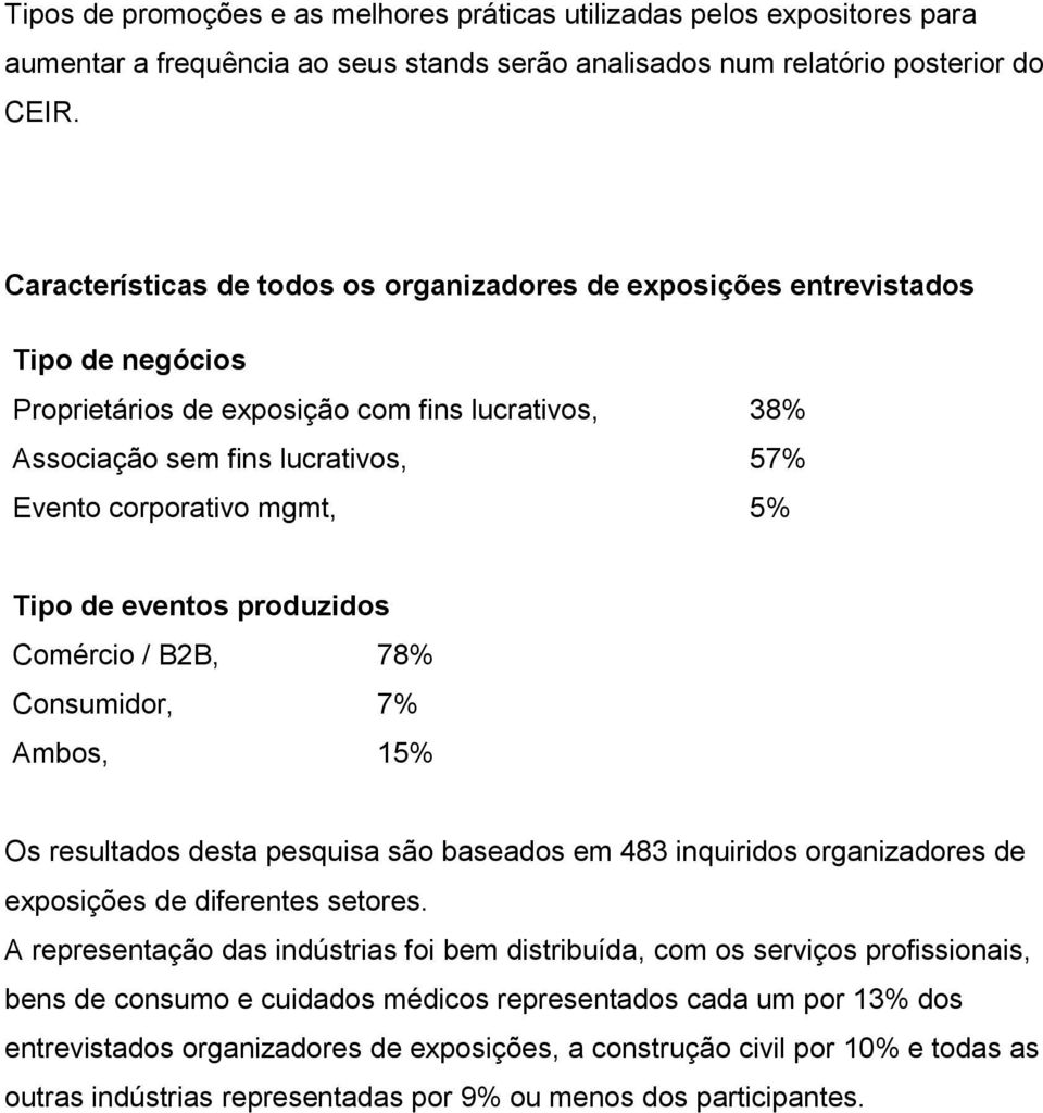 5% Tipo de eventos produzidos Comércio / B2B, 78% Consumidor, 7% Ambos, 15% Os resultados desta pesquisa são baseados em 483 inquiridos organizadores de exposições de diferentes setores.