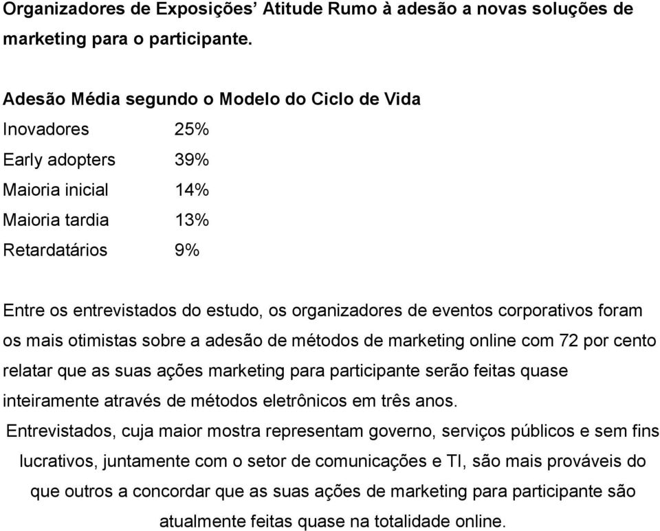 corporativos foram os mais otimistas sobre a adesão de métodos de marketing online com 72 por cento relatar que as suas ações marketing para participante serão feitas quase inteiramente através de