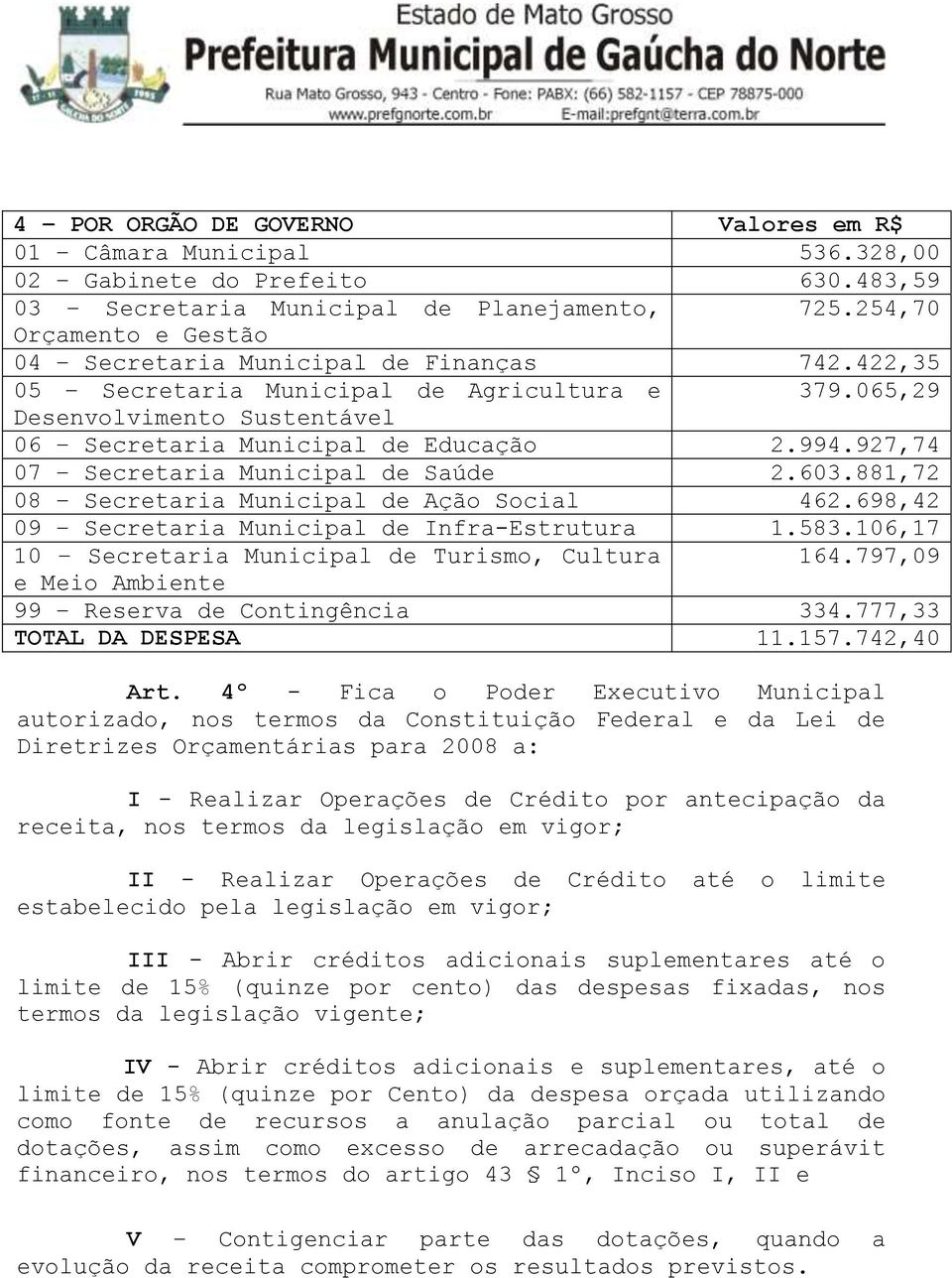 927,74 07 Secretaria Municipal de Saúde 2.603.881,72 08 Secretaria Municipal de Ação Social 462.698,42 09 Secretaria Municipal de Infra-Estrutura 1.583.