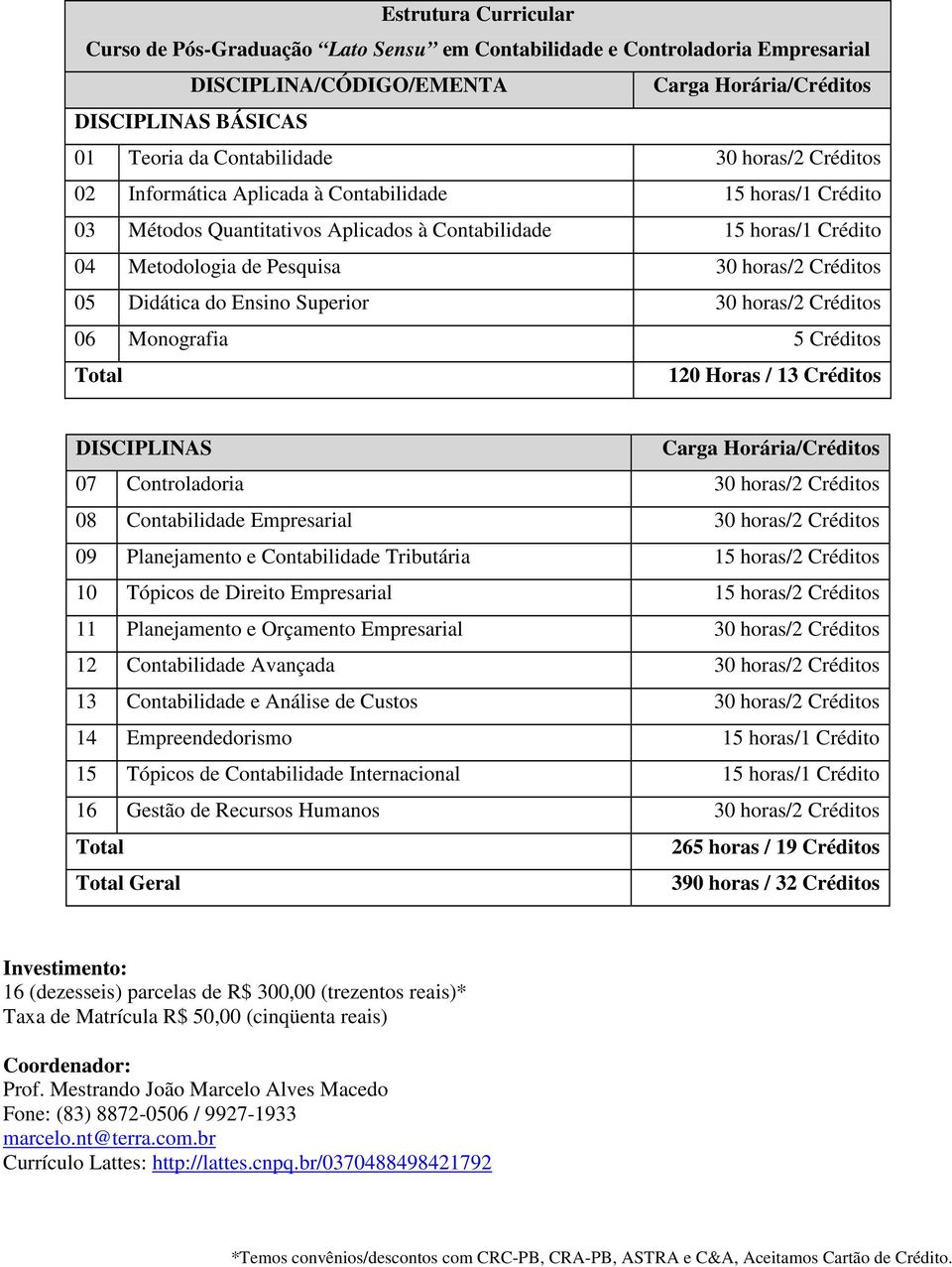 Créditos 06 Monografia 5 Créditos 120 Horas / 13 Créditos DISCIPLINAS 07 Controladoria 30 horas/2 Créditos 08 Contabilidade Empresarial 30 horas/2 Créditos 09 Planejamento e Contabilidade Tributária