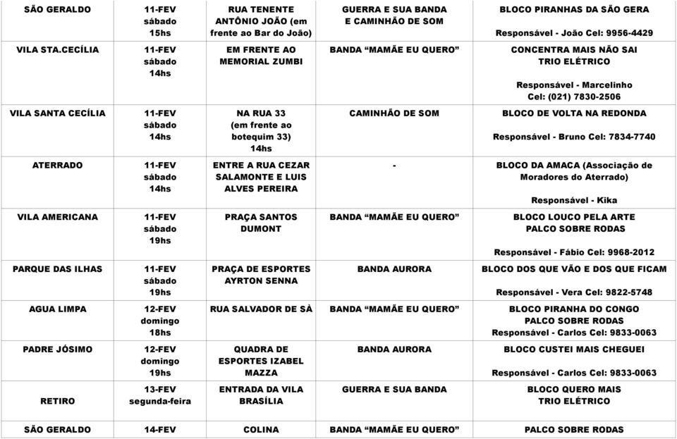 DE VOLTA NA REDONDA Responsável - Bruno Cel: 7834-7740 ATERRADO ENTRE A RUA CEZAR SALAMONTE E LUIS ALVES PEREIRA - BLOCO DA AMACA (Associação de Moradores do Aterrado) Responsável - Kika VILA