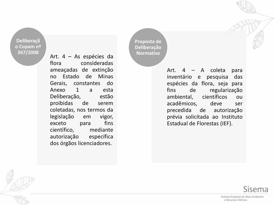 coletadas, nos termos da legislação em vigor, exceto para fins científico, mediante autorização específica dos órgãos licenciadores.