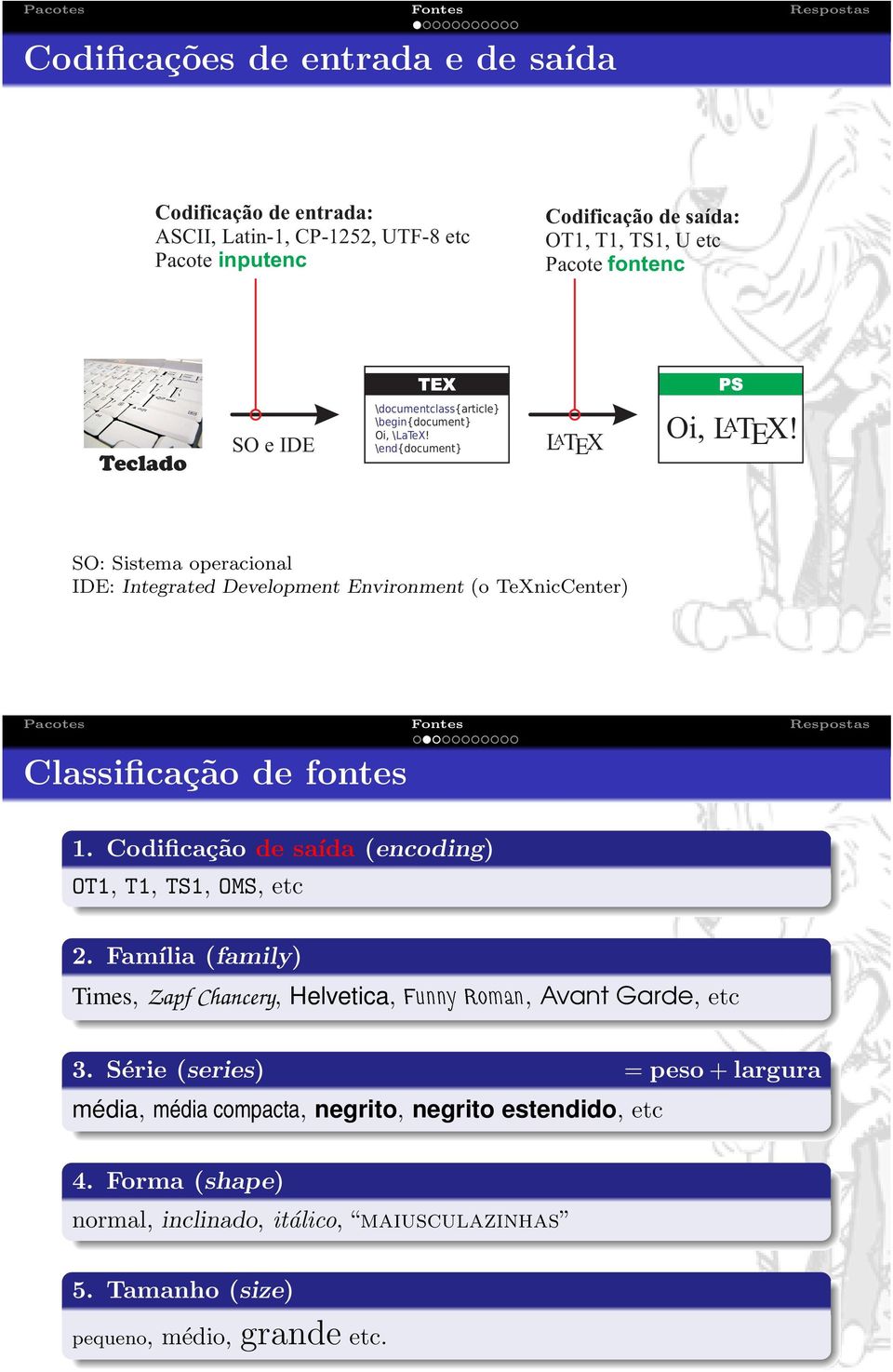 SO: Sistema operacional IDE: Integrated Development Environment (o TeXnicCenter) Classificação de fontes 1. Codificação de saída (encoding) OT1, T1, TS1, OMS, etc 2.