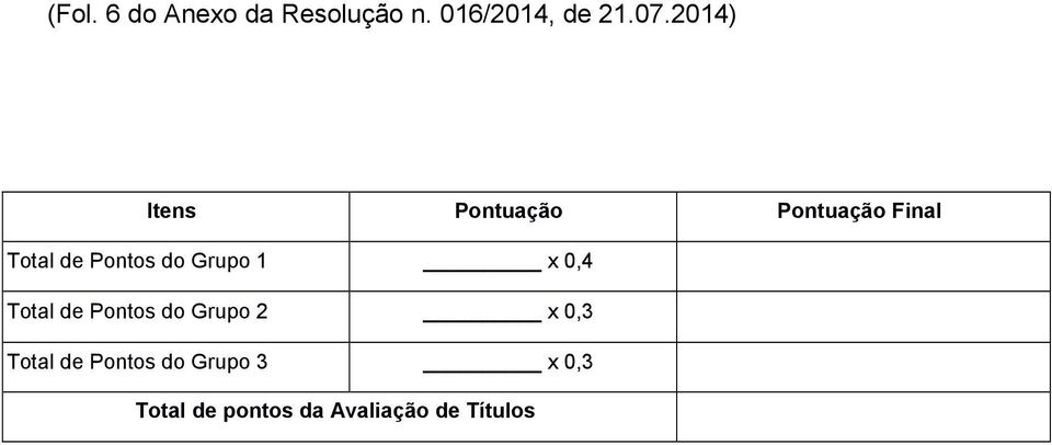 Grupo 1 x 0,4 Total de Pontos do Grupo 2 x 0,3 Total de