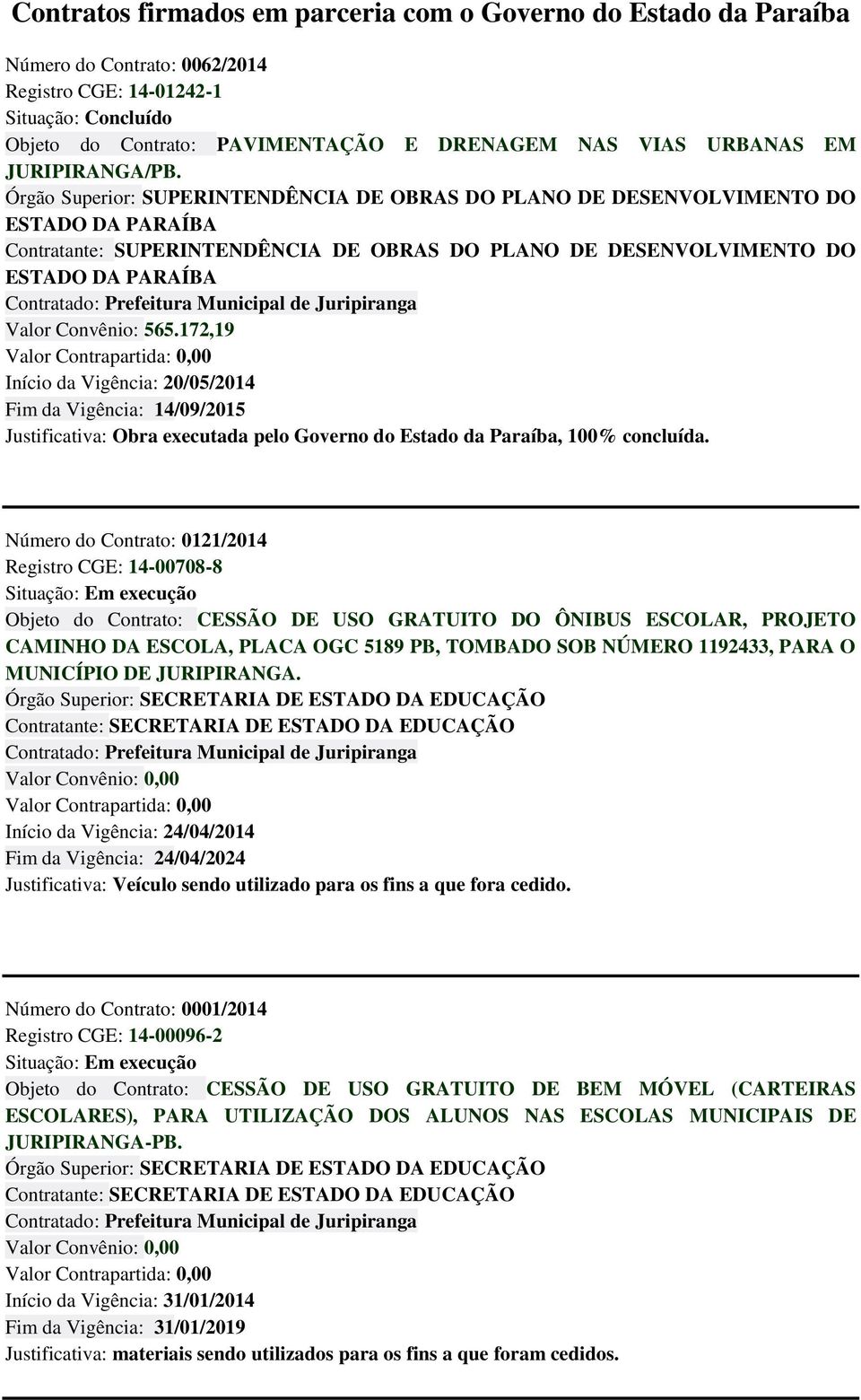 172,19 Início da Vigência: 20/05/2014 Fim da Vigência: 14/09/2015 Justificativa: Obra executada pelo Governo do Estado da Paraíba, 100% concluída.