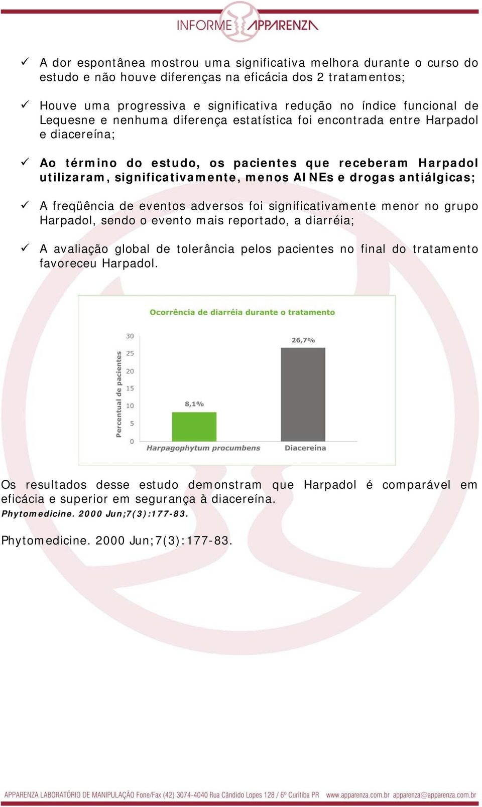 significativamente, menos AINEs e drogas antiálgicas; A freqüência de eventos adversos foi significativamente menor no grupo Harpadol, sendo o evento mais reportado, a diarréia; A