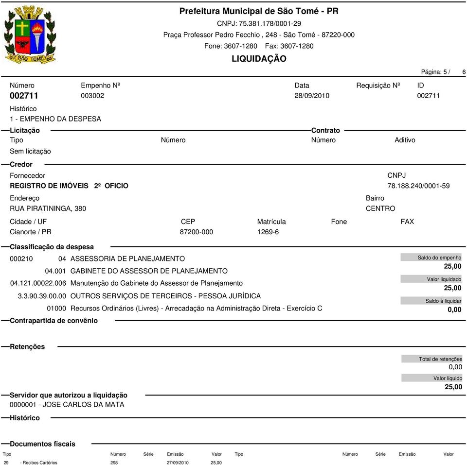 001 GABINETE DO ASSESSOR DE PLANEJAMENTO 04.121.00022.006 Manutenção do Gabinete do Assessor de Planejamento