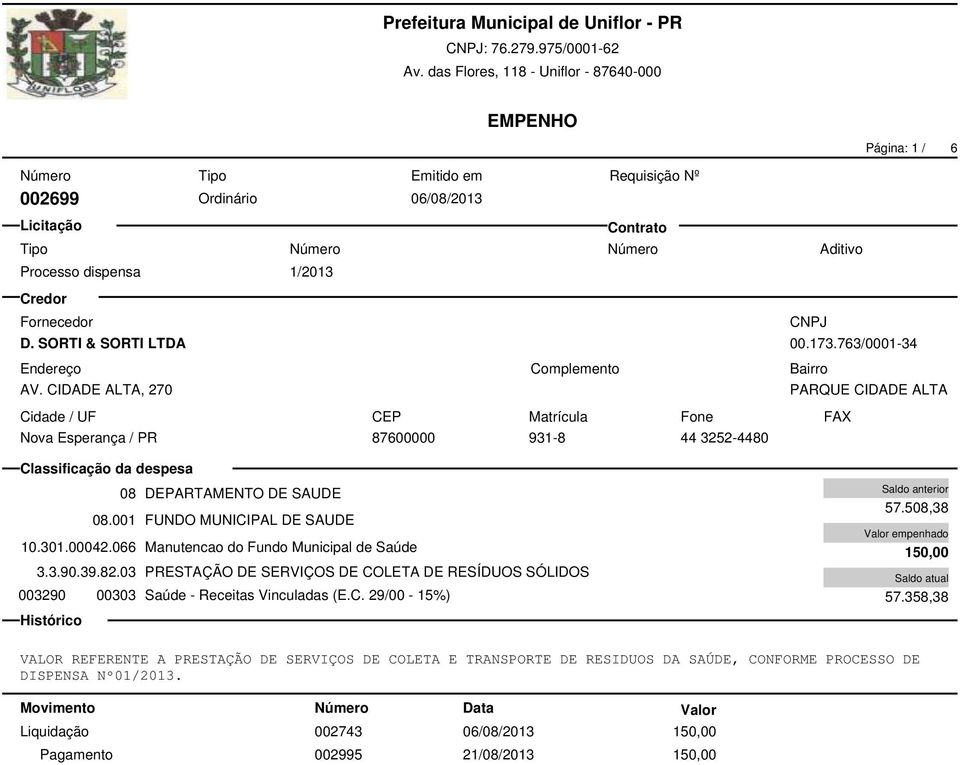 066 Manutencao do Fundo Municipal de Saúde 3.3.90.39.82.03 PRESTAÇÃO DE SERVIÇOS DE COLETA DE RESÍDUOS SÓLIDOS 003290 00303 Saúde - Receitas Vinculadas (E.C. 29/00-15%) 57.