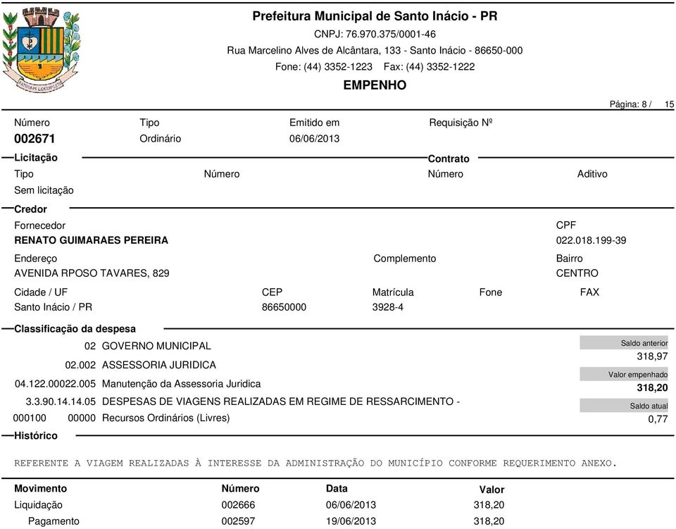 14.14.05 DESPESAS DE VIAGENS REALIZADAS EM REGIME DE RESSARCIMENTO - 000100 00000 Recursos Ordinários (Livres) 318,97 318,20