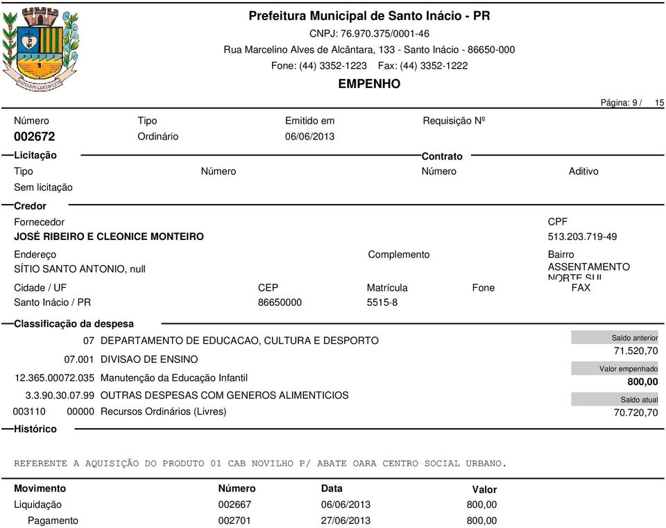 00072.035 Manutenção da Educação Infantil 3.3.90.30.07.99 OUTRAS DESPESAS COM GENEROS ALIMENTICIOS 003110 00000 Recursos Ordinários (Livres) 71.