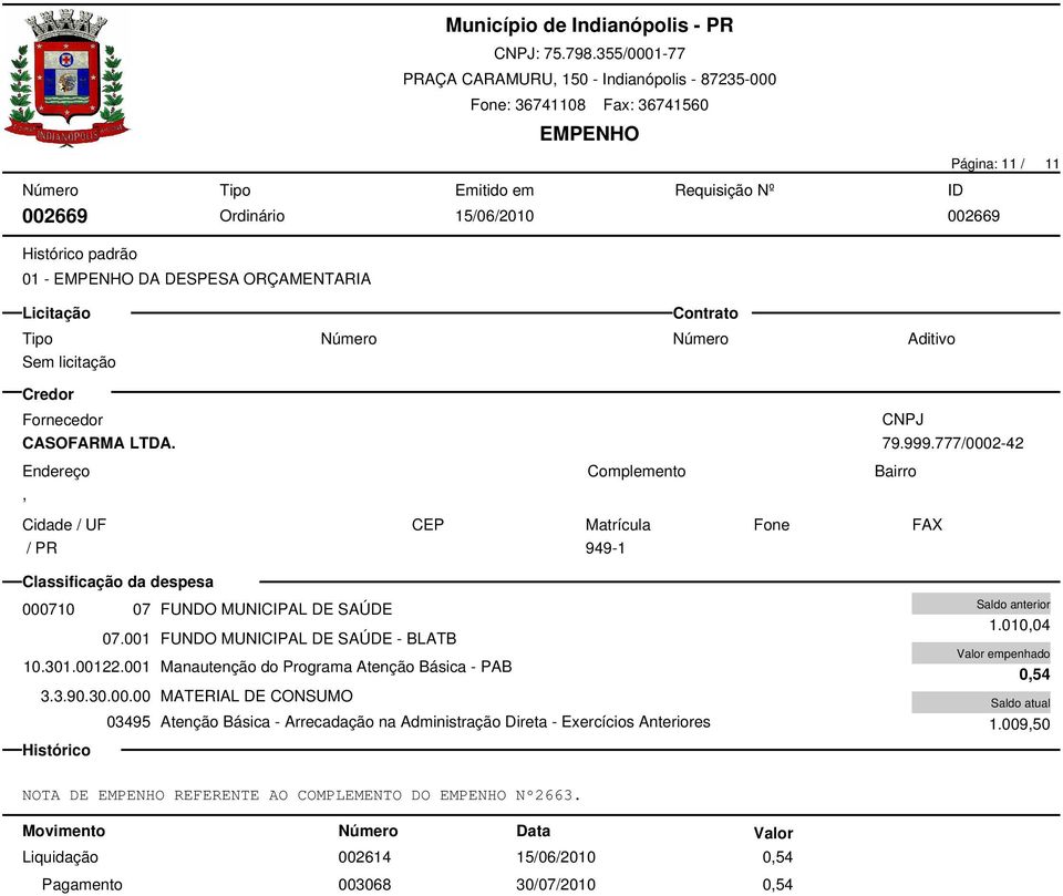 001 Manautenção do Programa Atenção Básica - PAB 03495 Atenção Básica - Arrecadação na Administração Direta - Exercícios