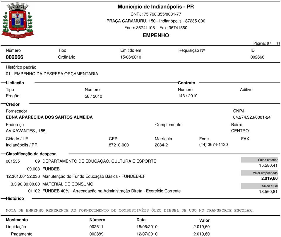 036 Manutenção do Fundo Educação Básica - FUNDEB-EF 01102 FUNDEB 40% - Arrecadação na Administração Direta - Exercício Corrente 15.580,41 2.019,60 13.