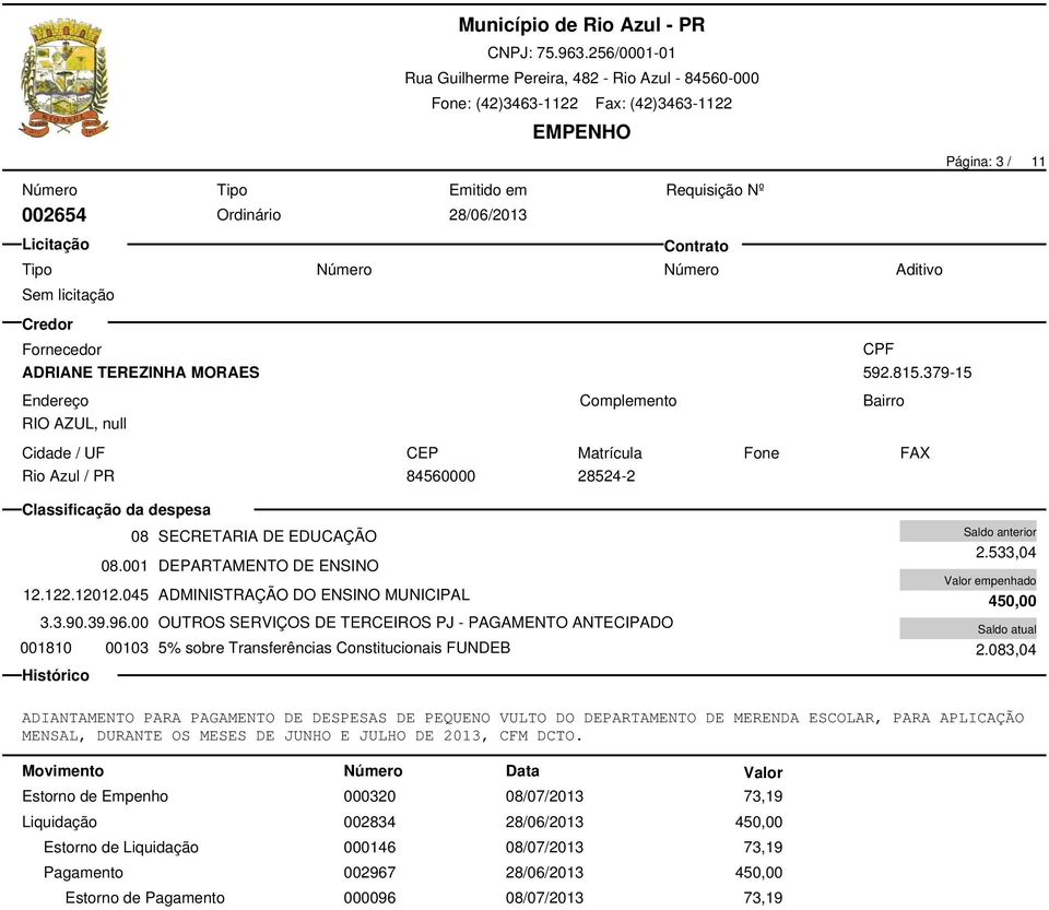 00 OUTROS SERVIÇOS DE TERCEIROS PJ - PAGAMENTO ANTECIPADO 001810 00103 5% sobre Transferências Constitucionais FUNDEB 2.533,04 450,00 2.