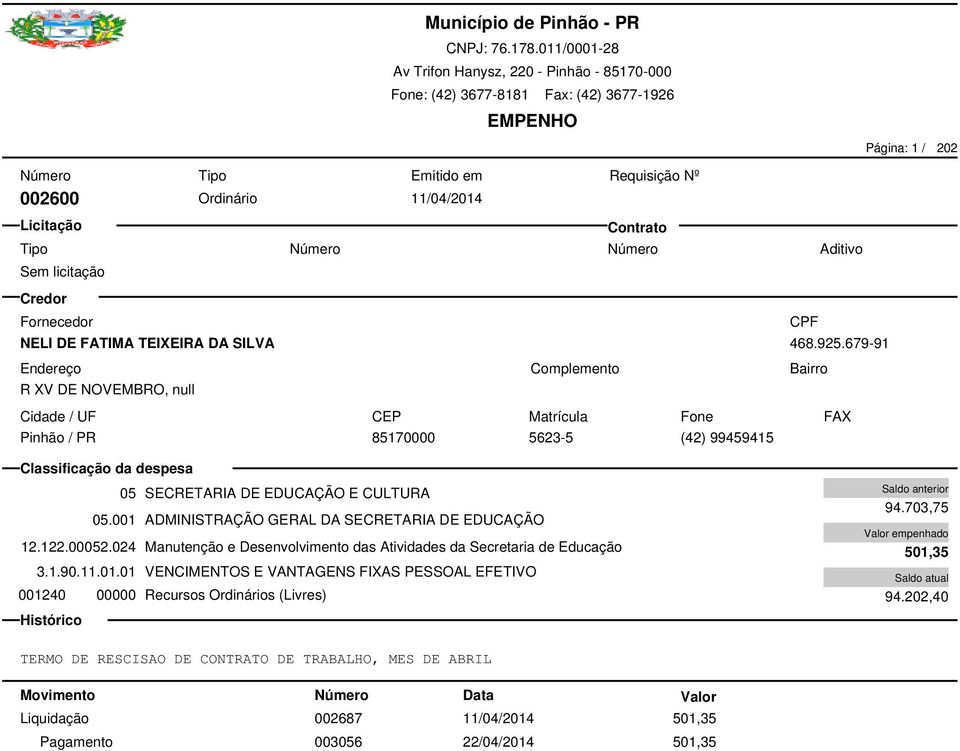 001 ADMINISTRAÇÃO GERAL DA SECRETARIA DE EDUCAÇÃO 12.122.00052.