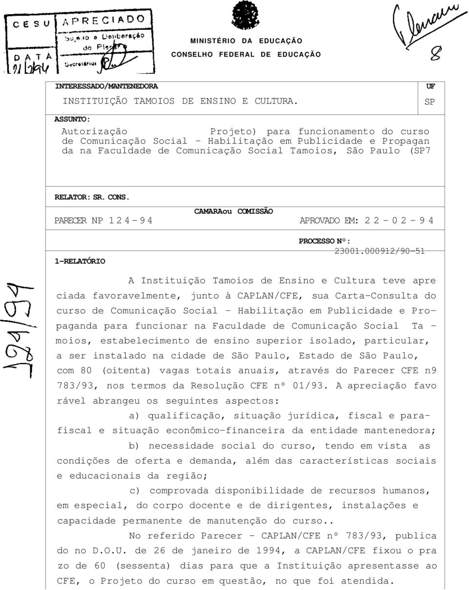 CONS. CAMARAou COMISSÃO PARECER NP 124-94 APROVADO EM: 22-02-94 1-RELATÓRIO PROCESSO N : 23001.