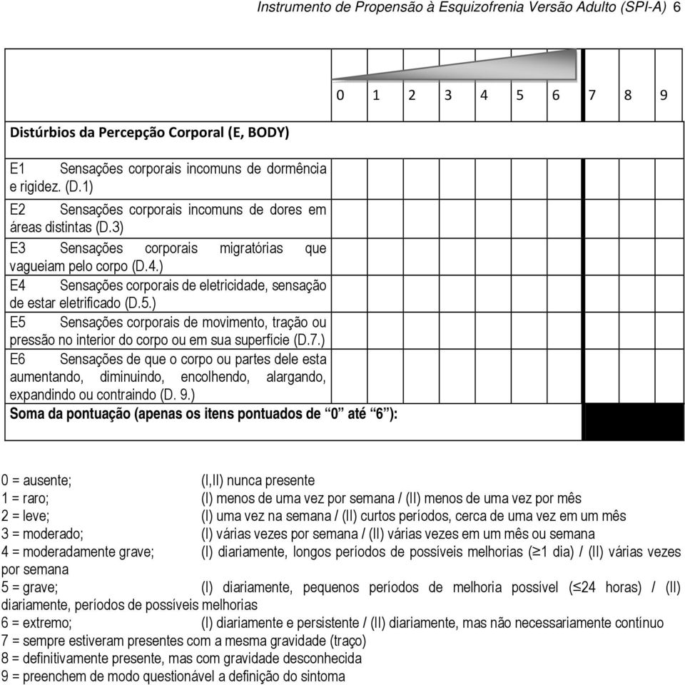 ) E4 Sensações corporais de eletricidade, sensação de estar eletrificado (D.5.) E5 Sensações corporais de movimento, tração ou pressão no interior do corpo ou em sua superfície (D.7.