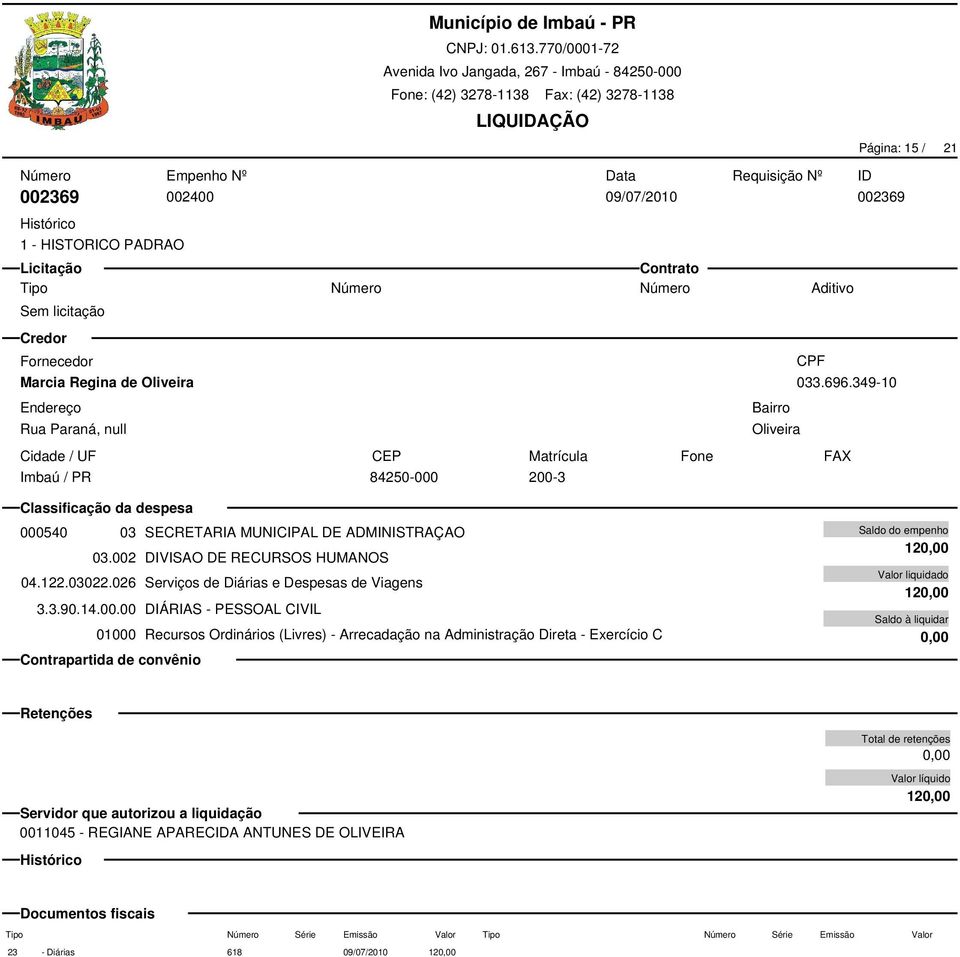 002 DIVISAO DE RECURSOS HUMANOS 04.122.03022.026 Serviços de Diárias e Despesas de Viagens 3.3.90.14.00.00