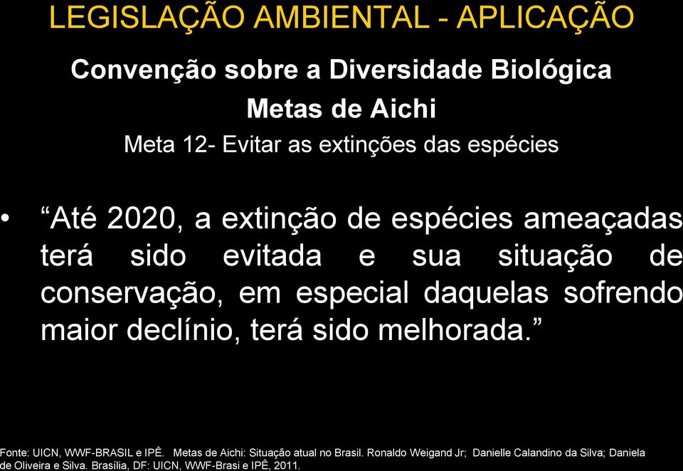 maior declínio, terá sido melhorada. Fonte: UICN, WWF-BRASIL e IPÊ. Metas de Aichi: Situação atual no Brasil.