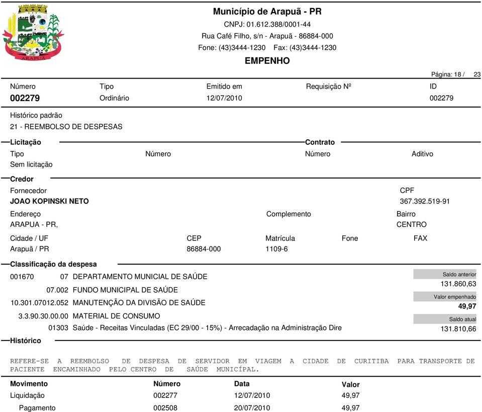 860,63 49,97 131.810,66 REFERE-SE A REEMBOLSO DE DESPESA DE SERVIDOR EM VIAGEM A CIDADE DE CURITIBA PARA TRANSPORTE DE PACIENTE ENCAMINHADO PELO CENTRO DE SAÚDE MUNICÍPAL.