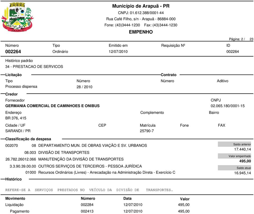 DE OBRAS VIAÇÃO E SV. URBANOS 08.003 DIVISÃO DE TRANSPORTES 26.782.26012.066 MANUTENÇÃO DA DIVISÃO DE TRANSPORTES 17.