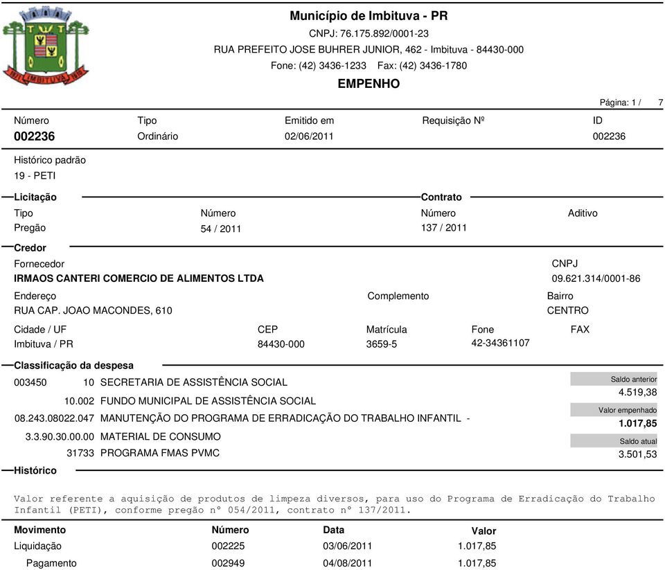 047 MANUTENÇÃO DO PROGRAMA DE ERRADICAÇÃO DO TRABALHO INFANTIL - 3.3.90.30.00.00 MATERIAL DE CONSUMO 31733 PROGRAMA FMAS PVMC 4.519,38 1.017,85 3.