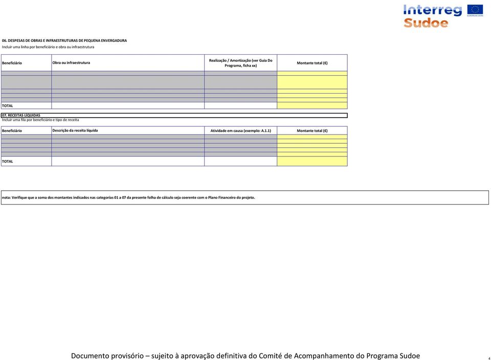 RECEITAS LÍQUIDAS Incluir uma fila por beneficiário e tipo de receita Descrição da receita líquida Atividade em causa