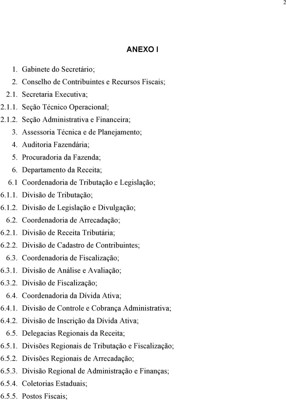 Divisão de Legislação e Divulgação; 6.2. Coordenadoria de Arrecadação; 6.2.1. Divisão de Receita Tributária; 6.2.2. Divisão de Cadastro de Contribuintes; 6.3. Coordenadoria de Fiscalização; 6.3.1. Divisão de Análise e Avaliação; 6.