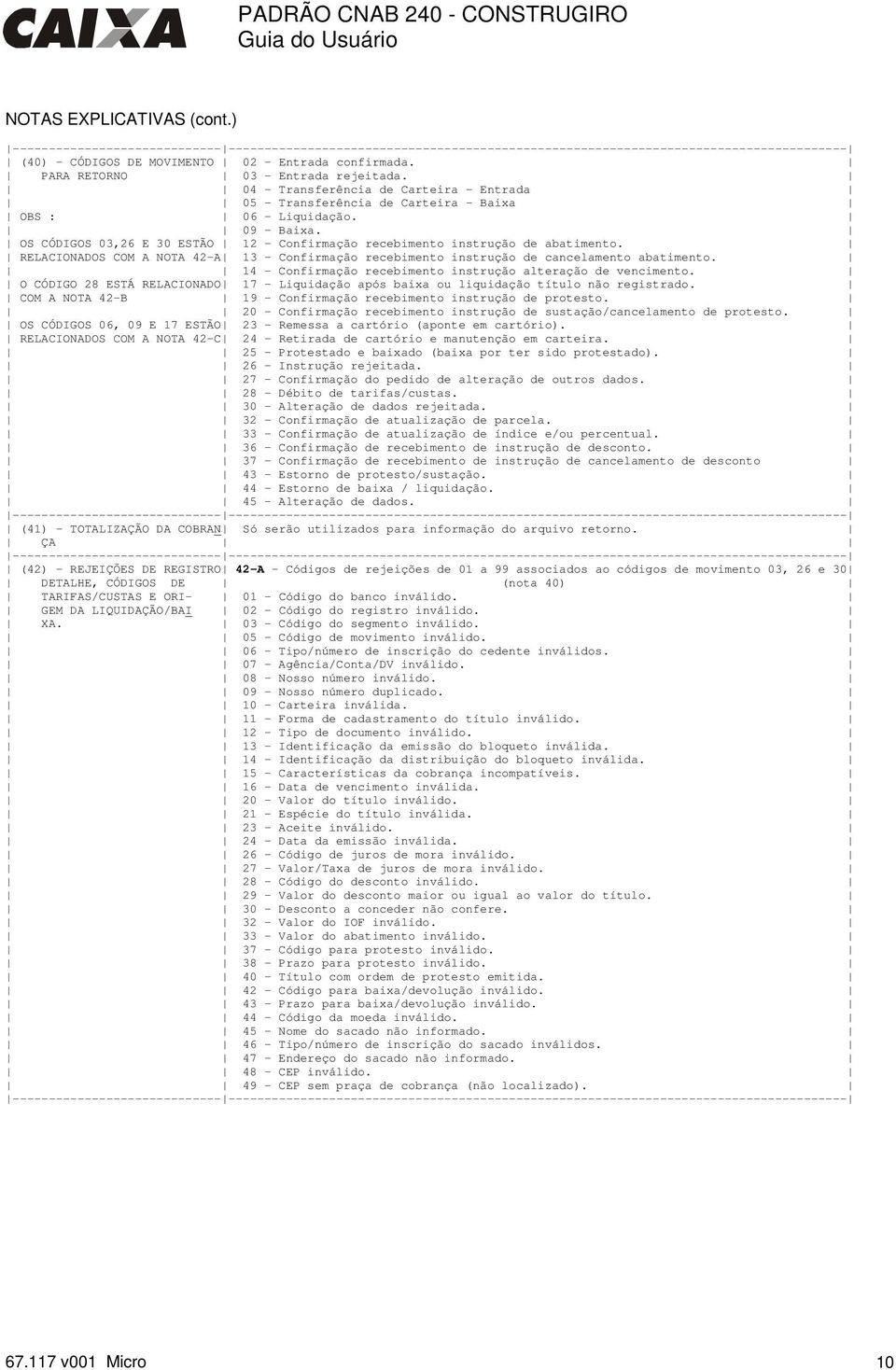 RELACIONADOS COM A NOTA 42-A 13 - Confirmação recebimento instrução de cancelamento abatimento. 14 - Confirmação recebimento instrução alteração de vencimento.