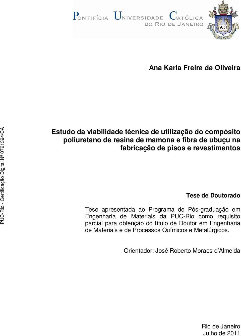 Pós-graduação em Engenharia de Materiais da PUC-Rio como requisito parcial para obtenção do título de Doutor em