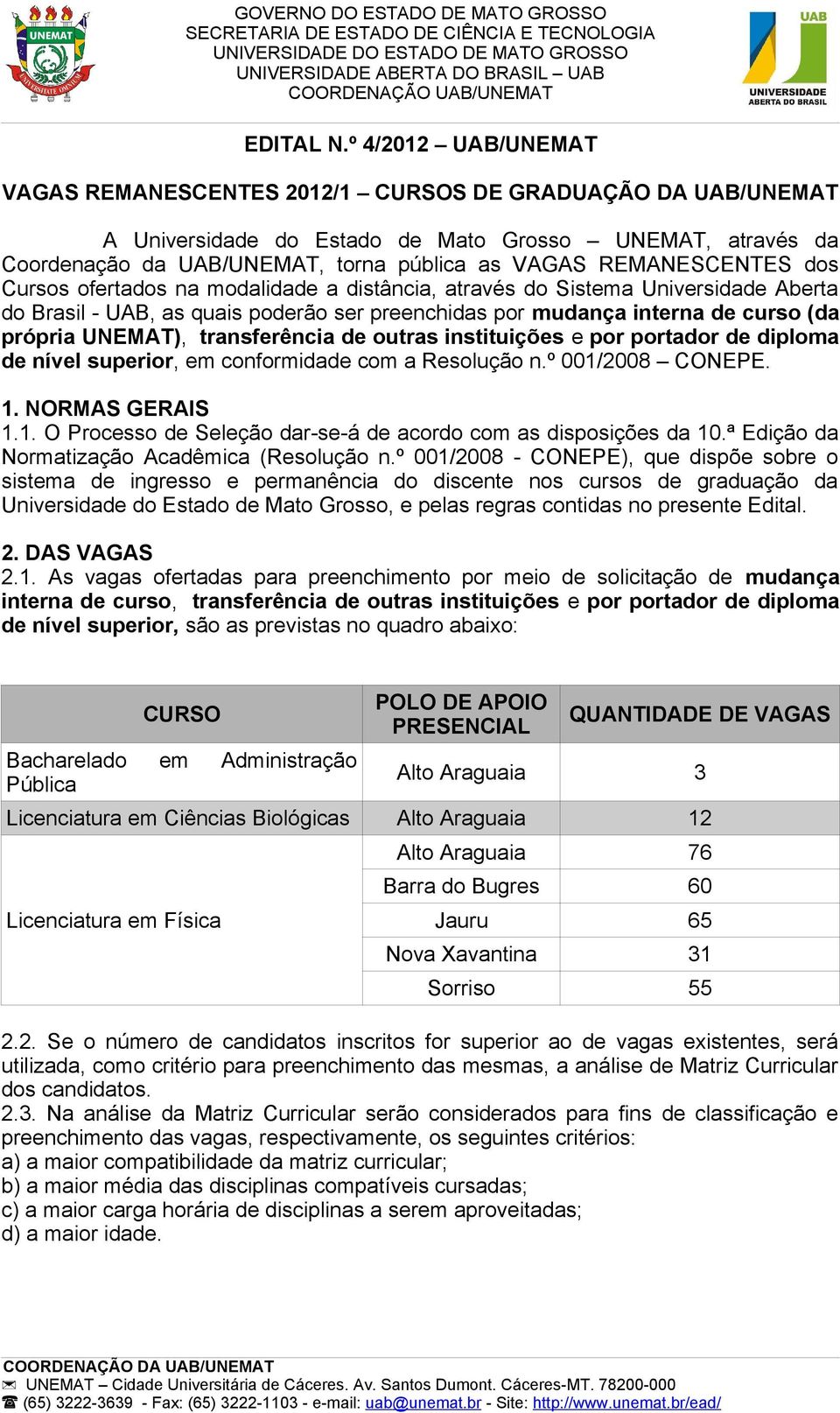 REMANESCENTES dos Cursos ofertados na modalidade a distância, através do Sistema Universidade Aberta do Brasil - UAB, as quais poderão ser preenchidas por mudança interna de curso (da própria