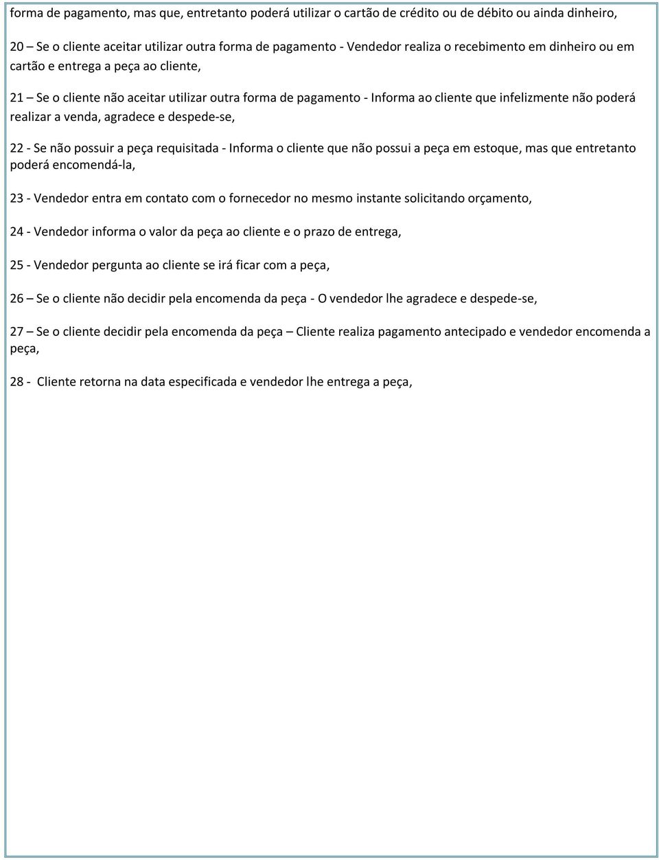 despede-se, 22 - Se não possuir a peça requisitada - Informa o cliente que não possui a peça em estoque, mas que entretanto poderá encomendá-la, 23 - Vendedor entra em contato com o fornecedor no