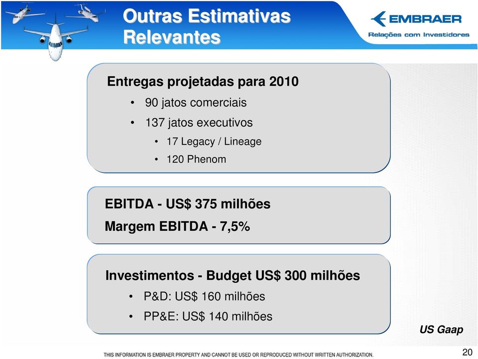 Phenom EBITDA - US$ 375 milhões Margem EBITDA - 7,5% Investimentos