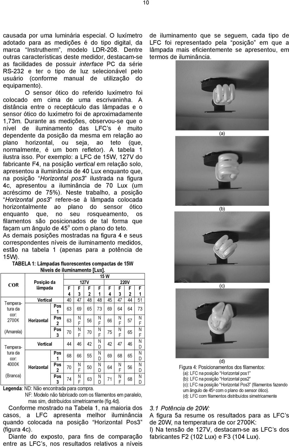 equipamento). O sensor ótico do referido luxímetro foi colocado em cima de uma escrivaninha. A distância entre o receptáculo das lâmpadas e o sensor ótico do luxímetro foi de aproximadamente 1,73m.