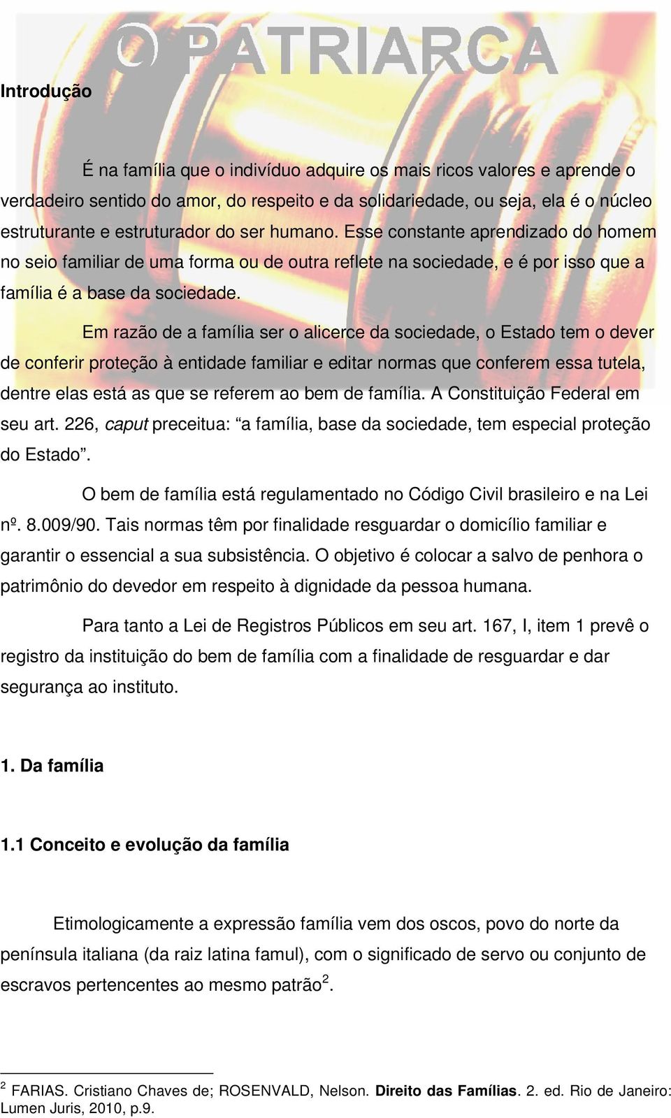 Em razão de a família ser o alicerce da sociedade, o Estado tem o dever de conferir proteção à entidade familiar e editar normas que conferem essa tutela, dentre elas está as que se referem ao bem de