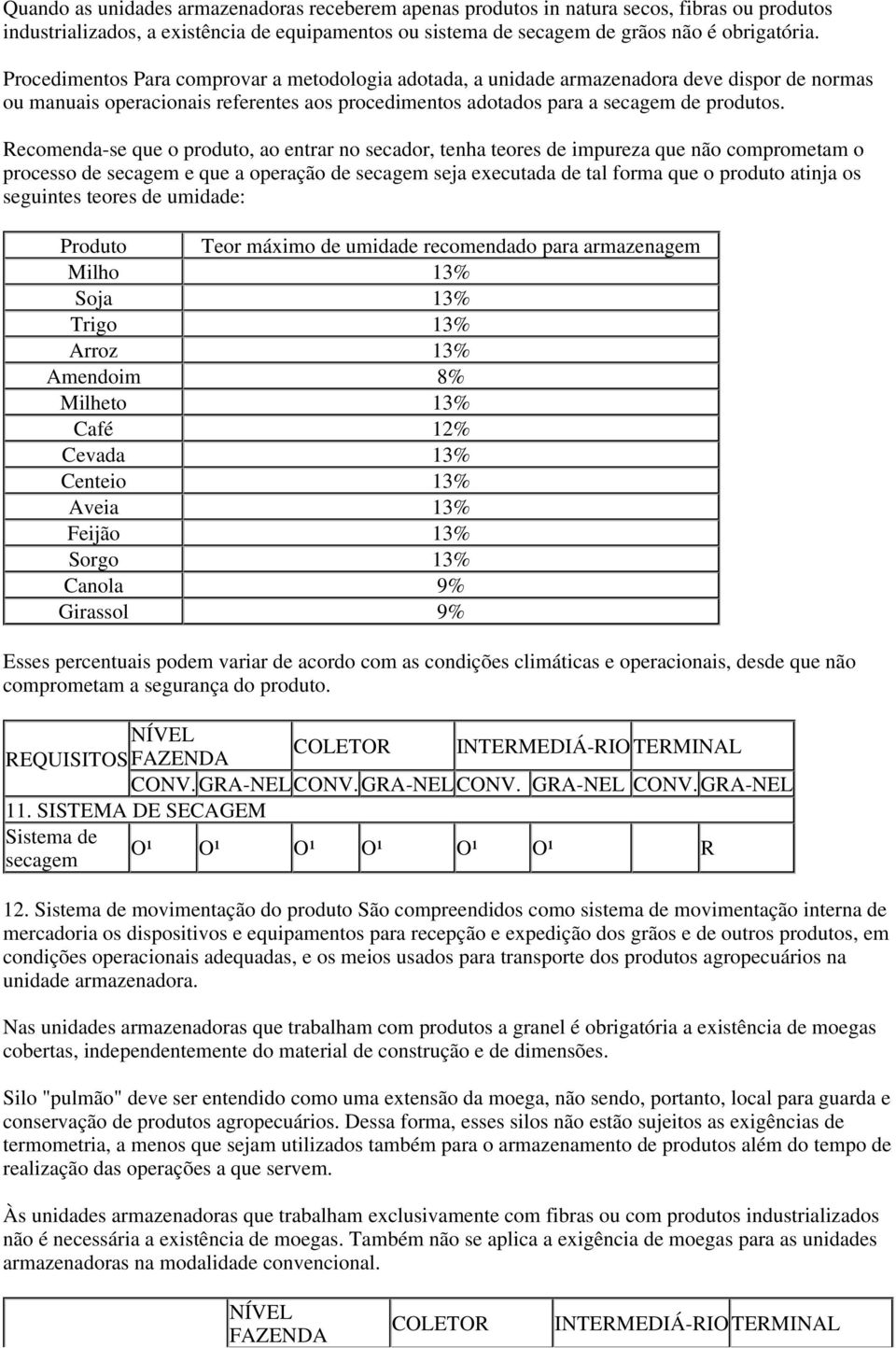 Recomenda-se que o produto, ao entrar no secador, tenha teores de impureza que não comprometam o processo de secagem e que a operação de secagem seja executada de tal forma que o produto atinja os