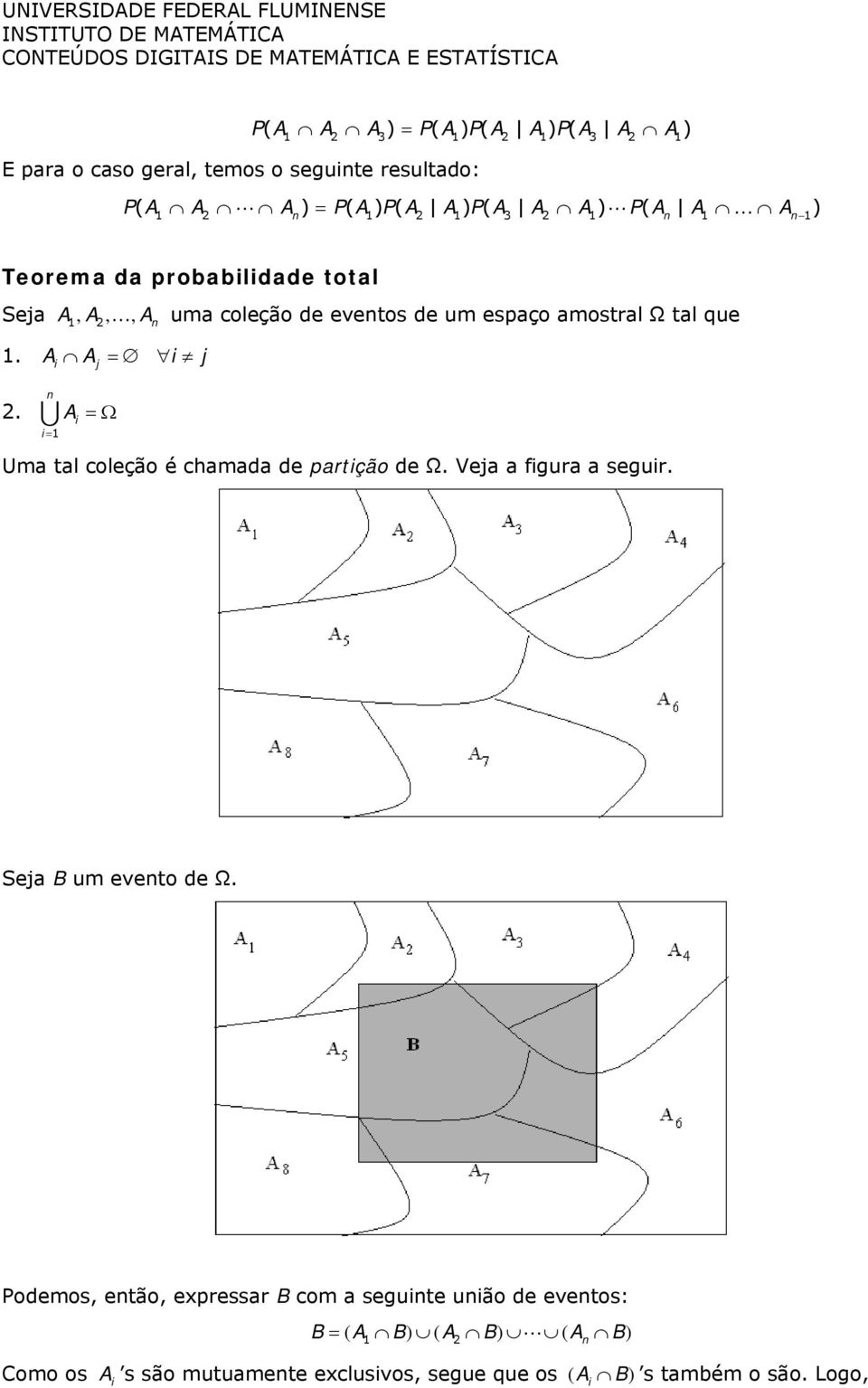 A A = j j 2. n = 1 A =Ω Uma tal coleção é chamada de partção de Ω. Veja a fgura a segur. Seja B um evento de Ω.