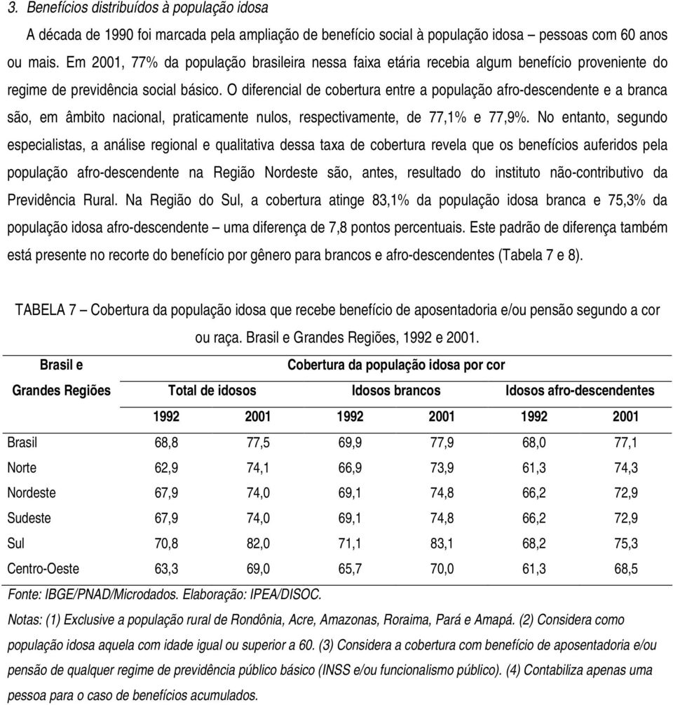 O diferencial de cobertura entre a população afro-descendente e a branca são, em âmbito nacional, praticamente nulos, respectivamente, de 77,1% e 77,9%.