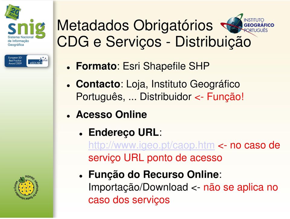 Acesso Online Endereço URL: http://www.igeo.pt/caop.