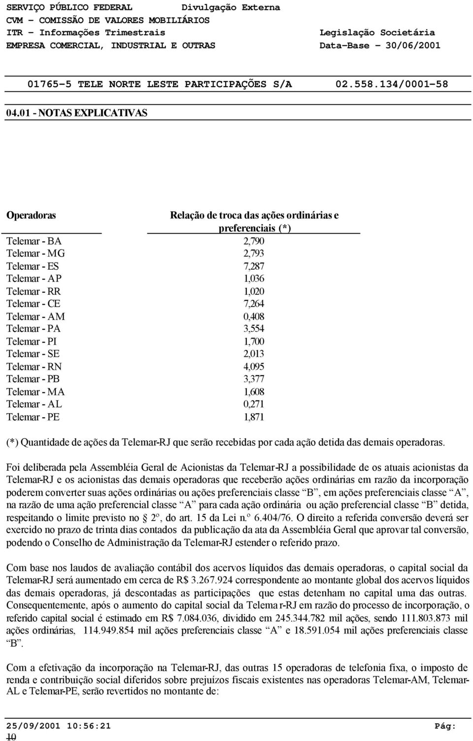 serão recebidas por cada ação detida das demais operadoras.