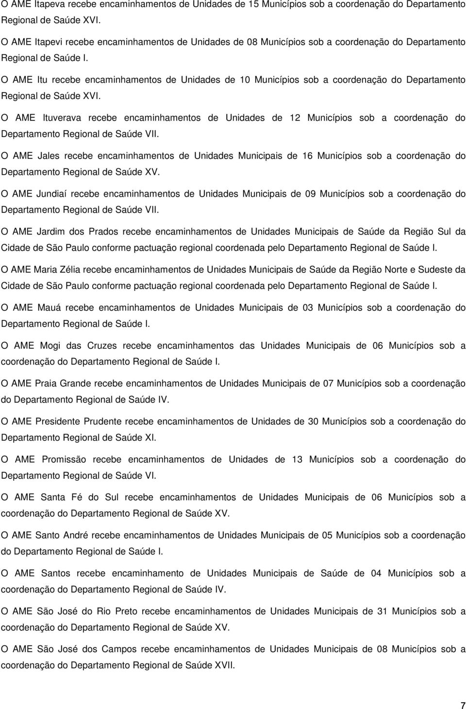 O AME Itu recebe encaminhamentos de Unidades de 10 Municípios sob a coordenação do Departamento Regional de Saúde XVI.