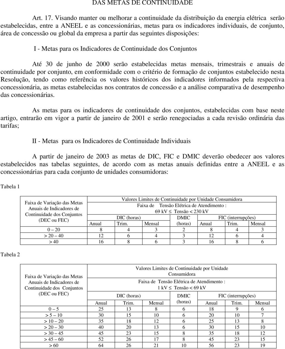 concessão ou global da empresa a partir das seguintes disposições: I - Metas para os Indicadores de Continuidade dos Conjuntos Até 30 de junho de 2000 serão estabelecidas metas mensais, trimestrais e