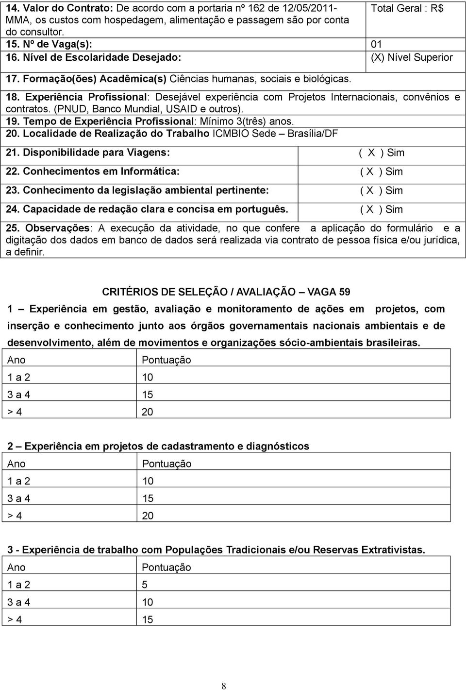 Experiência Profissional: Desejável experiência com Projetos Internacionais, convênios e contratos. (PNUD, Banco Mundial, USAID e outros). 19. Tempo de Experiência Profissional: Mínimo 3(três) anos.