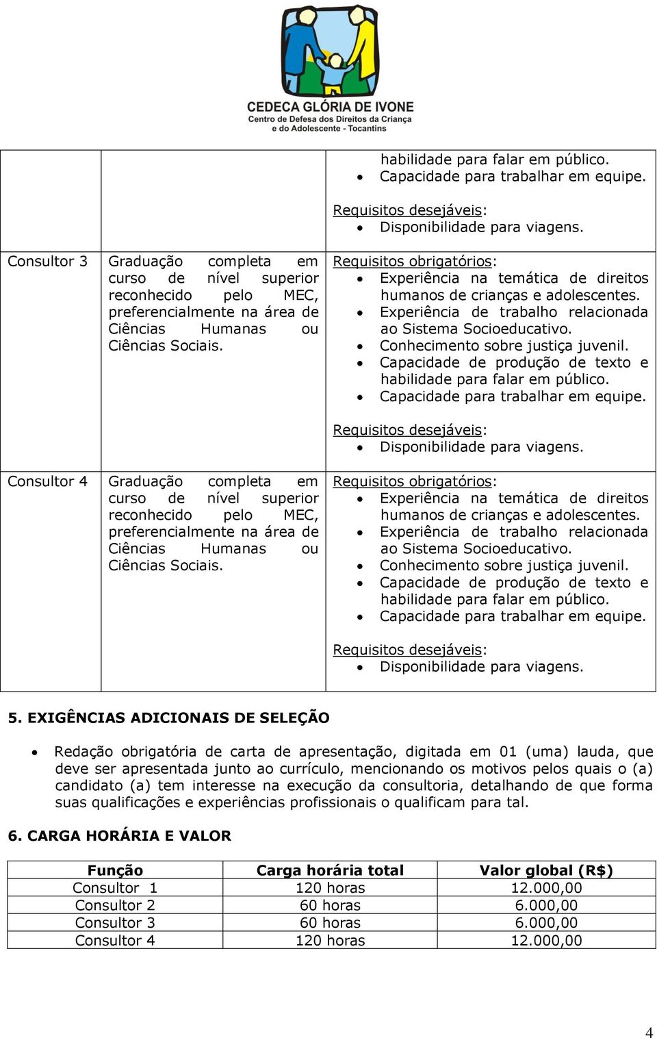 de crianças e adolescentes. Experiência de trabalho relacionada ao Sistema Socioeducativo. Conhecimento sobre justiça juvenil.