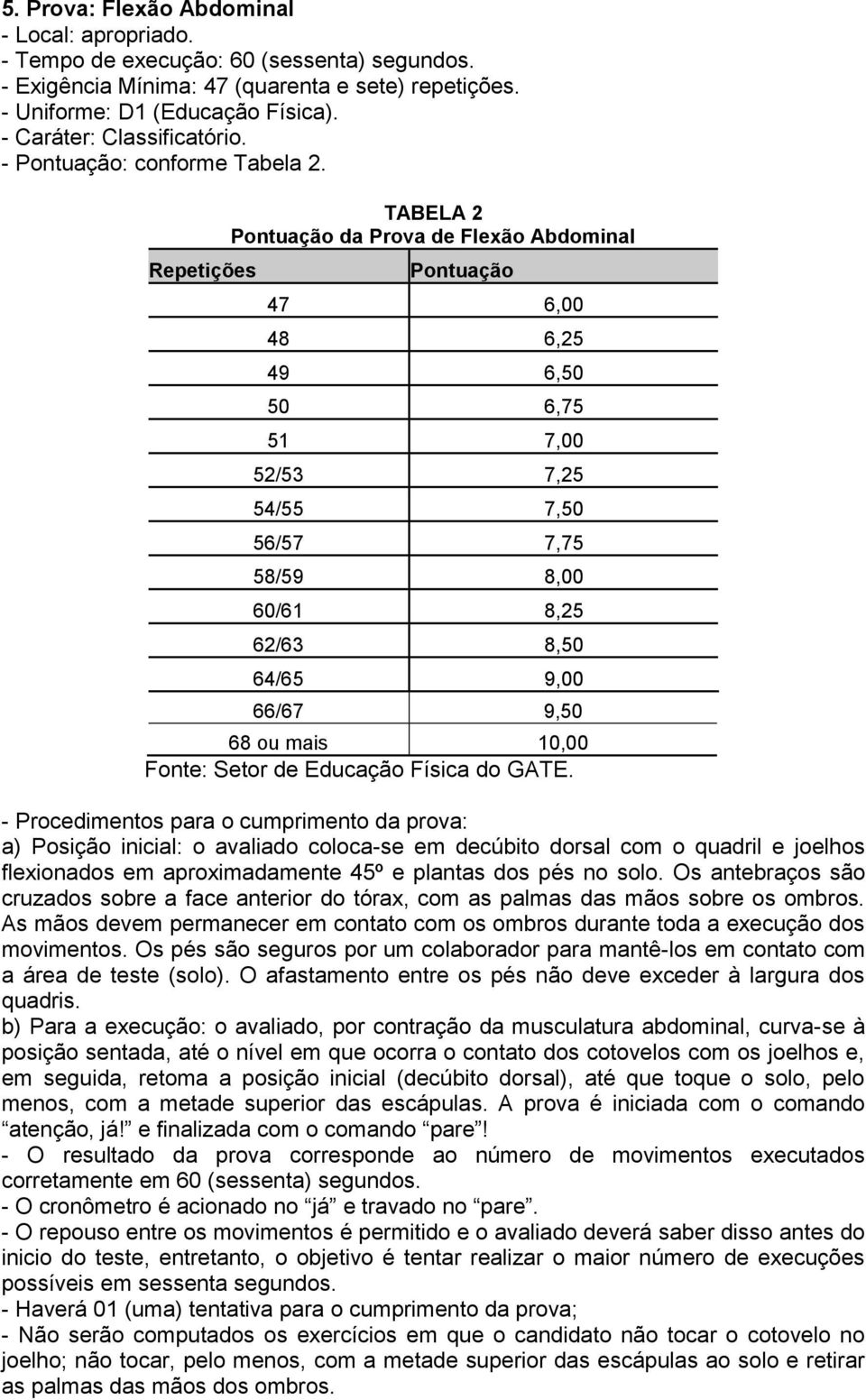 Repetições TABELA 2 Pontuação da Prova de Flexão Abdominal Pontuação 47 6,00 48 6,25 49 6,50 50 6,75 51 7,00 52/53 7,25 54/55 7,50 56/57 7,75 58/59 8,00 60/61 8,25 62/63 8,50 64/65 9,00 66/67 9,50 68