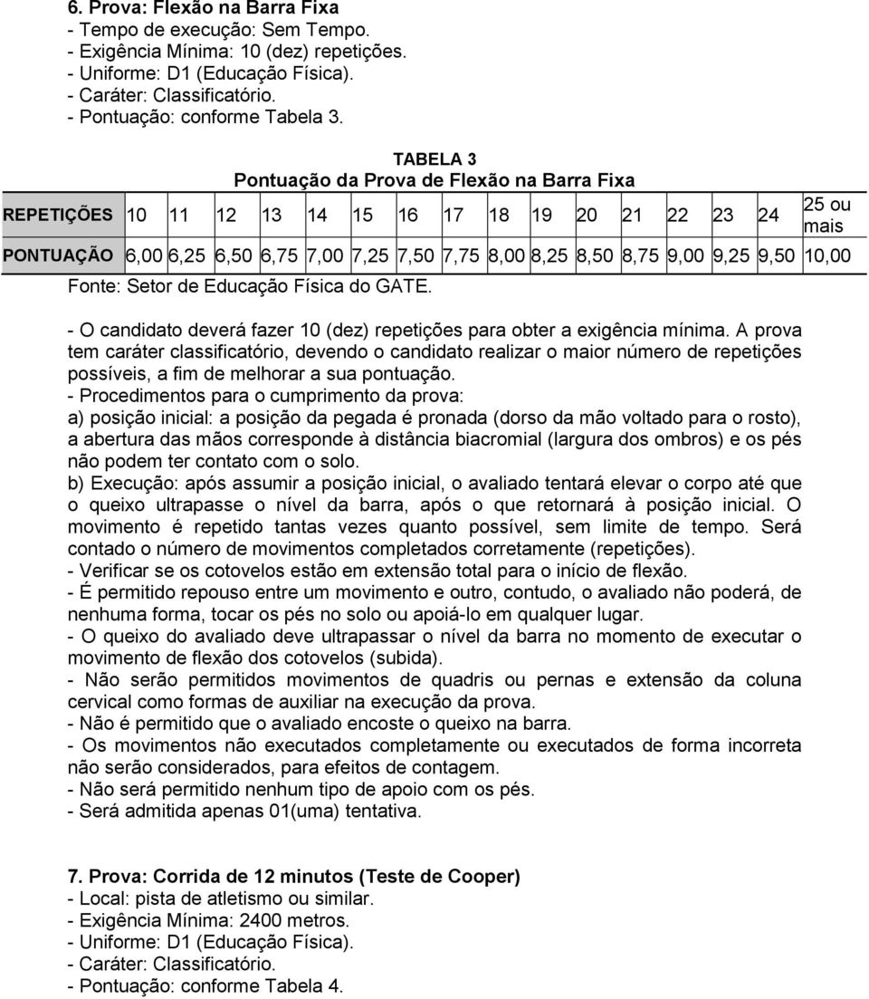 9,50 10,00 Fonte: Setor de Educação Física do GATE. - O candidato deverá fazer 10 (dez) repetições para obter a exigência mínima.