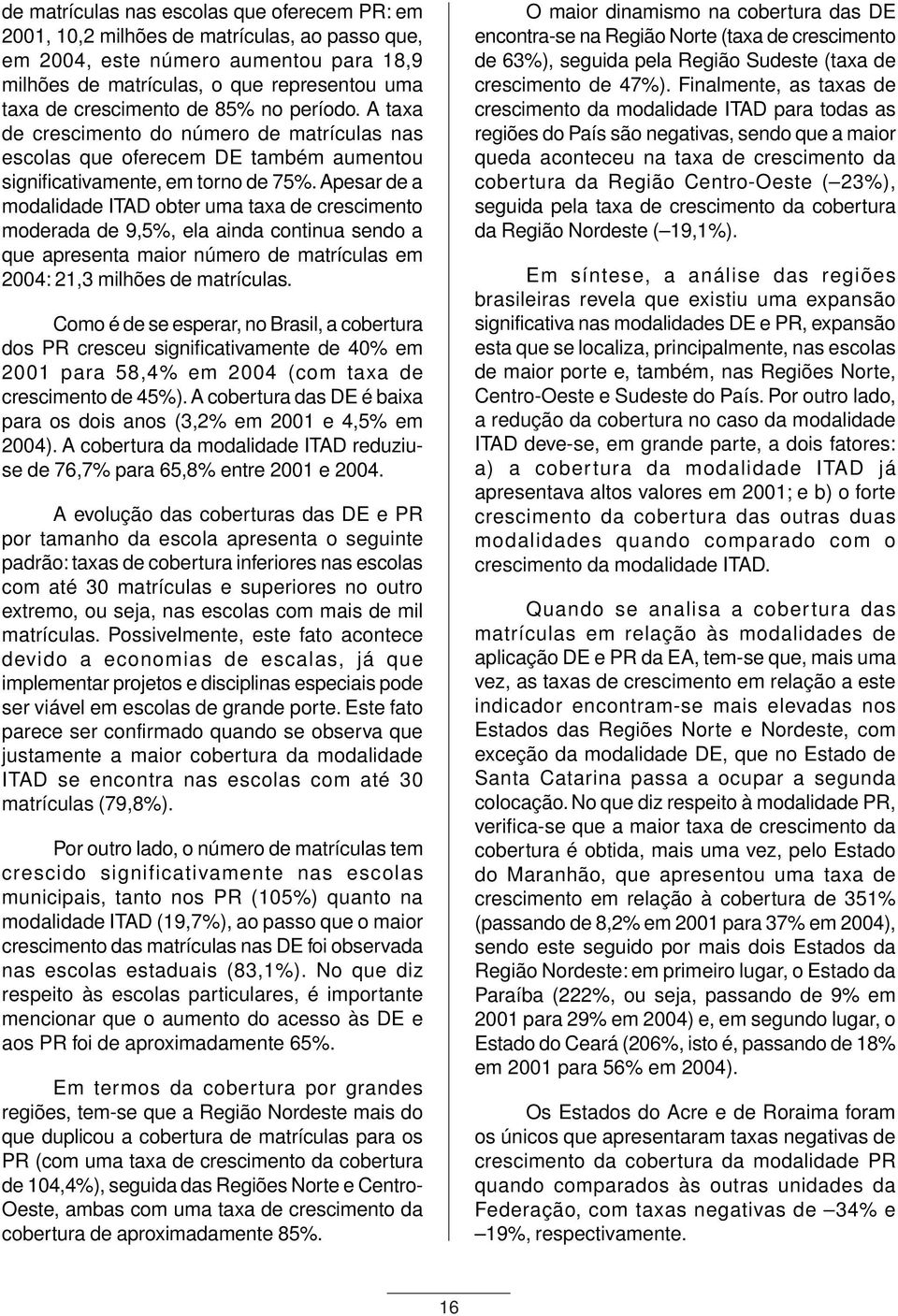 Apesar de a modalidade ITAD obter uma taxa de crescimento moderada de 9,5%, ela ainda continua sendo a que apresenta maior número de matrículas em 2004: 21,3 milhões de matrículas.