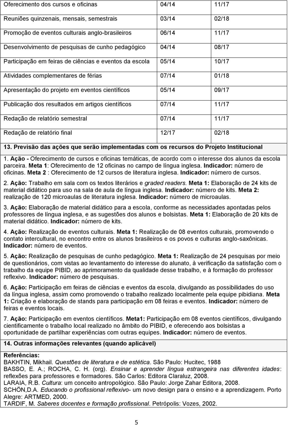 Publicação dos resultados em artigos científicos 07/14 11/17 Redação de relatório semestral 07/14 11/17 Redação de relatório final 12/17 02/18 13.