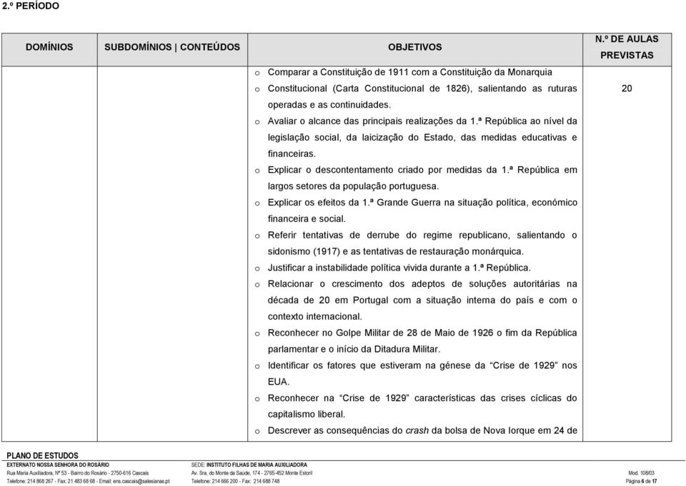 o Avaliar o alcance das principais realizações da 1.ª República ao nível da legislação social, da laicização do Estado, das medidas educativas e financeiras.